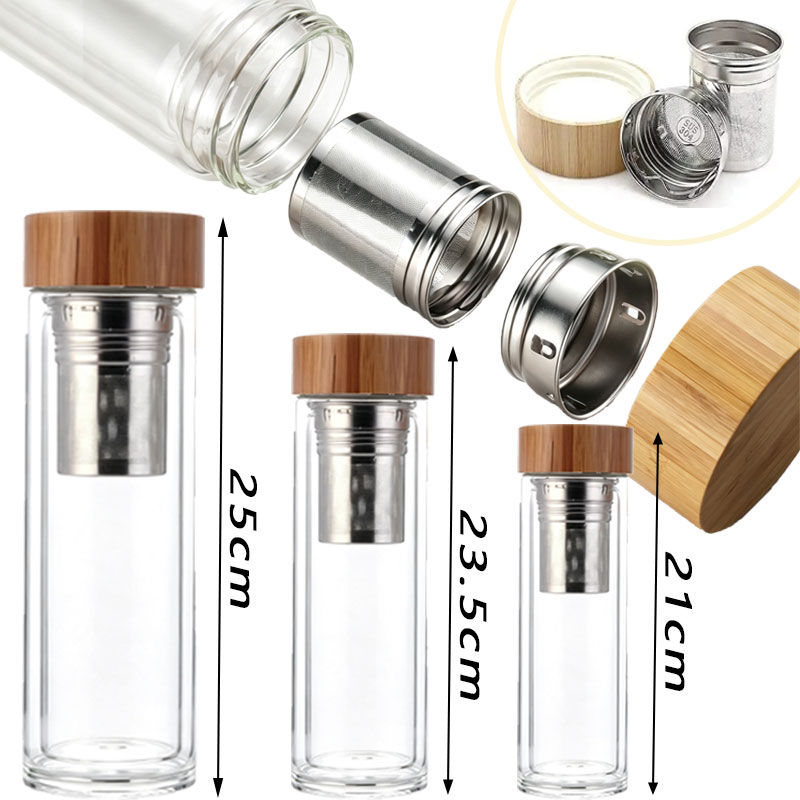Bamboo Cutlery Travel - 300/400/500ml Doppelwandige Glas-Teetasse mit Bambusdeckel und