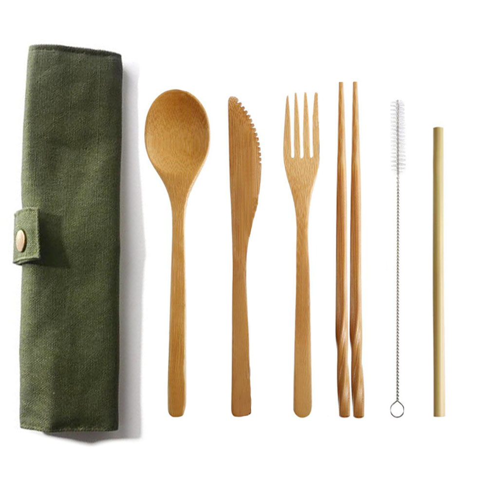 Bamboo Cutlery Travel - Wiederverwendbares Bambus-Besteck-Set, Bambus-Stroh-Geschirr-Set mit Stoffbeutel, Messer,
